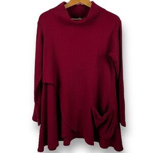 Sympli Womens Size 10 Waffleknit Cowlneck Sweater Burgundy Red Tunic Layered Hem